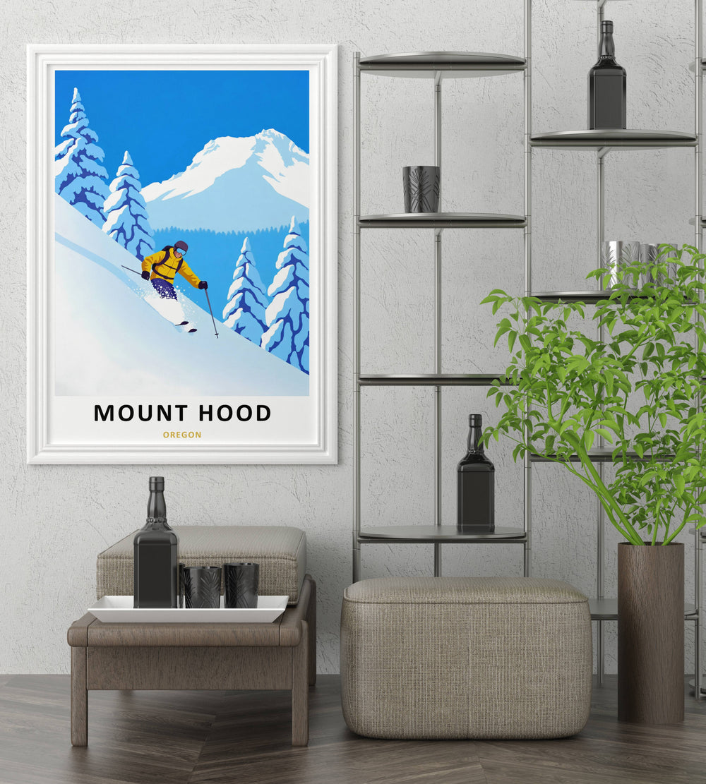 white framed Oregon backcountry ski print featuring heavily snow-covered evergreen trees, printed on museum-grade matte paper.