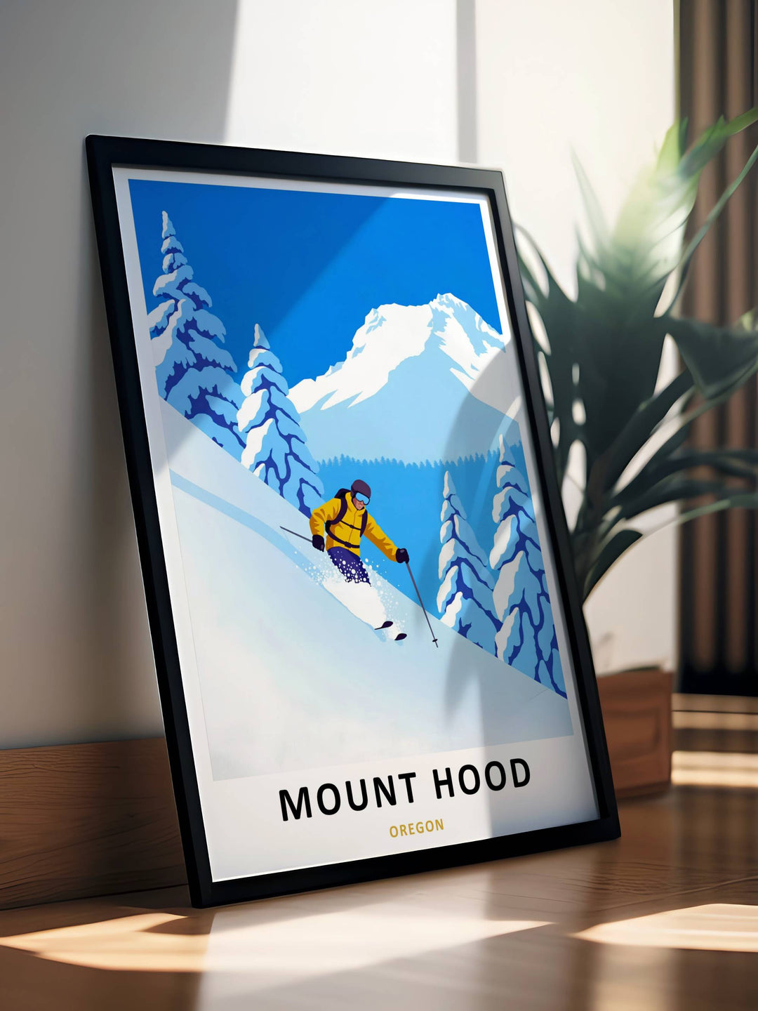 Side angle perspective of a professionally framed travel illustration, showcasing the clean edge details of the black wood-style frame.