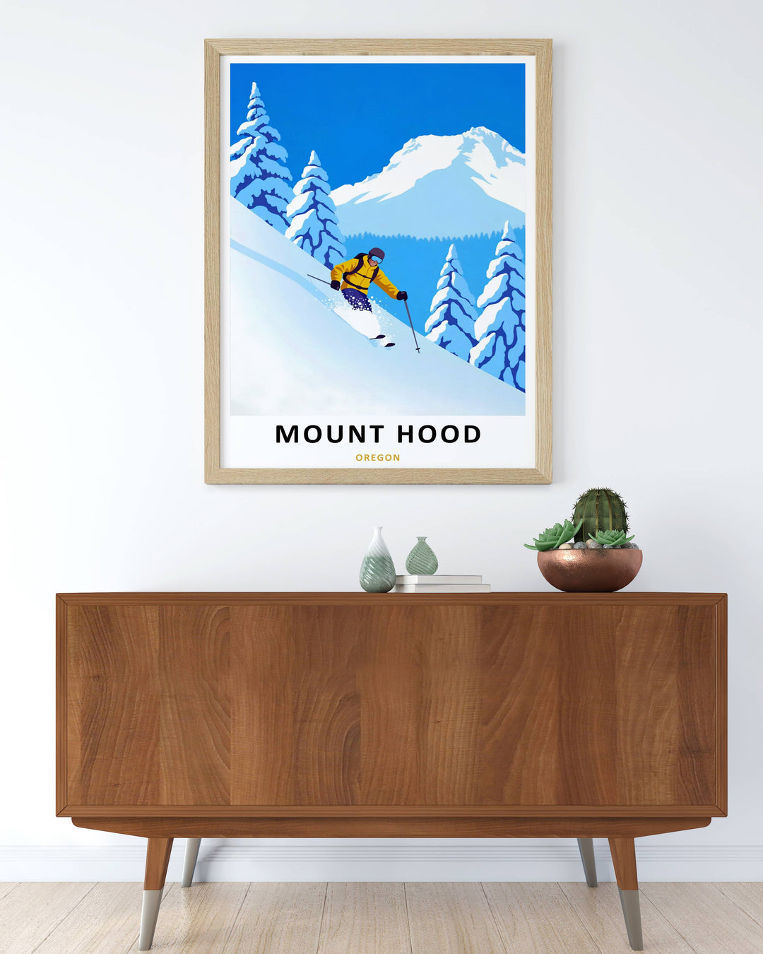 Graphic art print of a serene yet thrilling ski descent during peak daylight, serving as a motivational housewarming gift for winter adventurers.