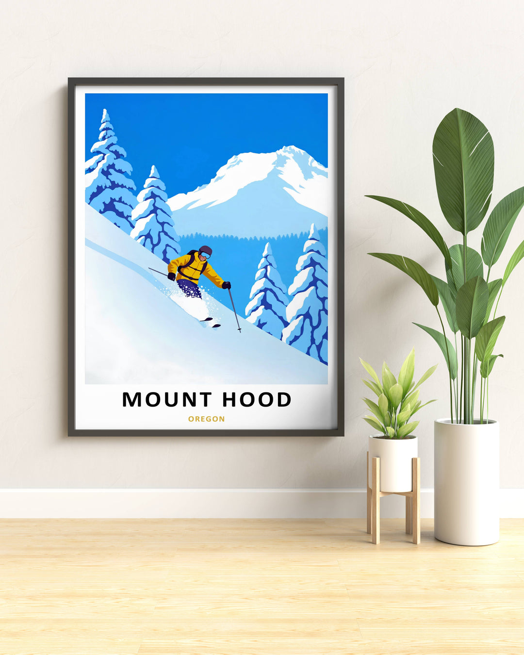 Vibrant mountain peak poster celebrating the ski culture of the Cascades, bringing a bold pop of color into a clean Scandinavian interior.