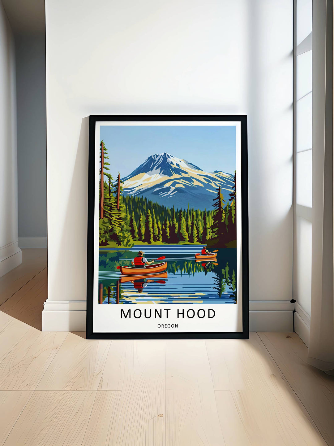 Vibrant Mt Hood mountain peak poster celebrating the Cascade outdoor lifestyle, bringing a refreshing look to a modern home office.