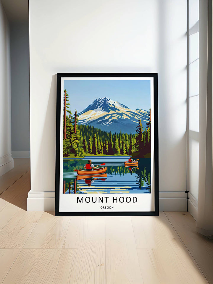 Vibrant Mt Hood mountain peak poster celebrating the Cascade outdoor lifestyle, bringing a refreshing look to a modern home office.