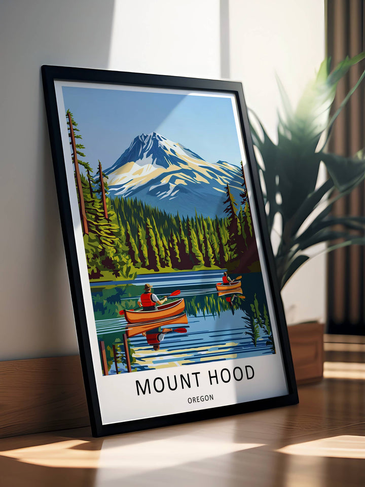 Artistic wilderness decor highlighting the contrast between the snow-capped Mt Hood volcano peak and the calm, reflective water.