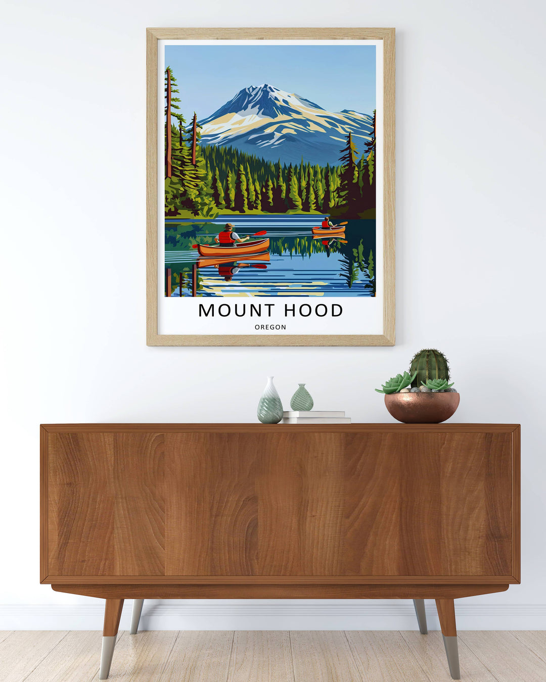 Graphic art print of a serene Mt Hood canoe excursion during peak daylight, making a great housewarming gift for kayakers.