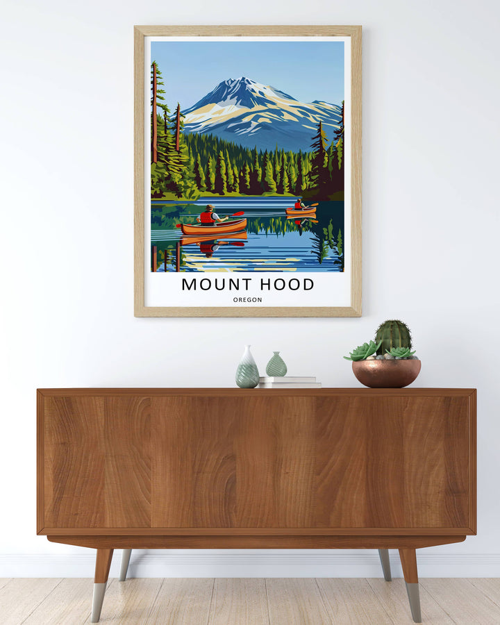 Graphic art print of a serene Mt Hood canoe excursion during peak daylight, making a great housewarming gift for kayakers.