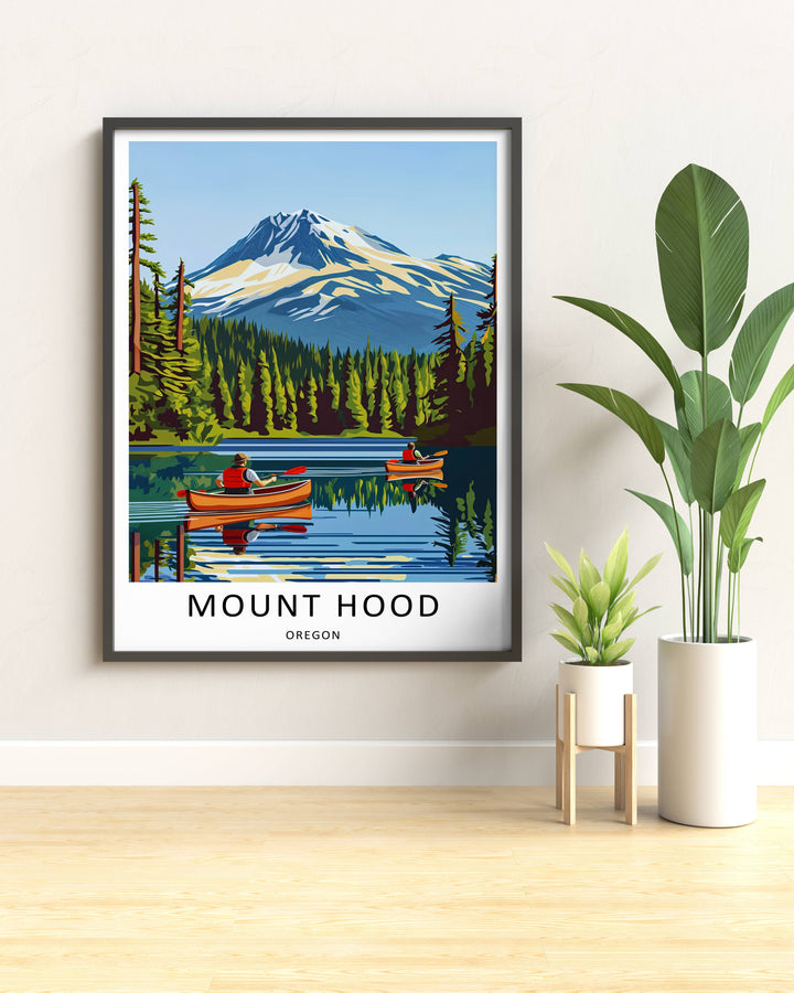 Vibrant Mt Hood mountain peak poster celebrating the Cascade outdoor lifestyle, bringing a refreshing look to a modern home office.