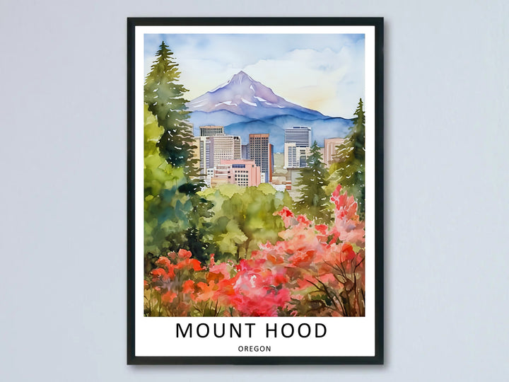Portland city skyline poster in a fluid watercolor style with Mount Hood rising in the background, displayed in a sleek black frame against a neutral wall for a modern room setup.