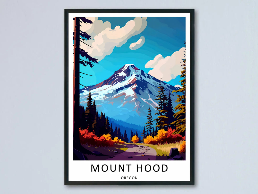 High-contrast graphic illustration of Mount Hood under a brilliant blue sky with stylized clouds, shown in a modern black frame hanging on a neutral wall.