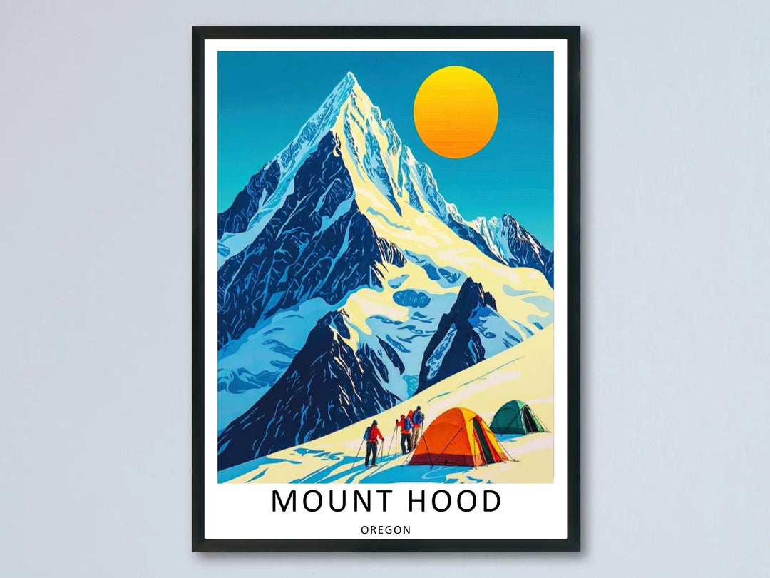 Eye-catching retro travel poster depicting an alpine ascent up Mount Hood, framed in sleek black wood and mounted on a crisp gallery wall.