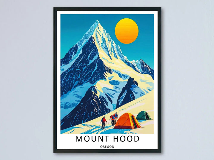 Eye-catching retro travel poster depicting an alpine ascent up Mount Hood, framed in sleek black wood and mounted on a crisp gallery wall.