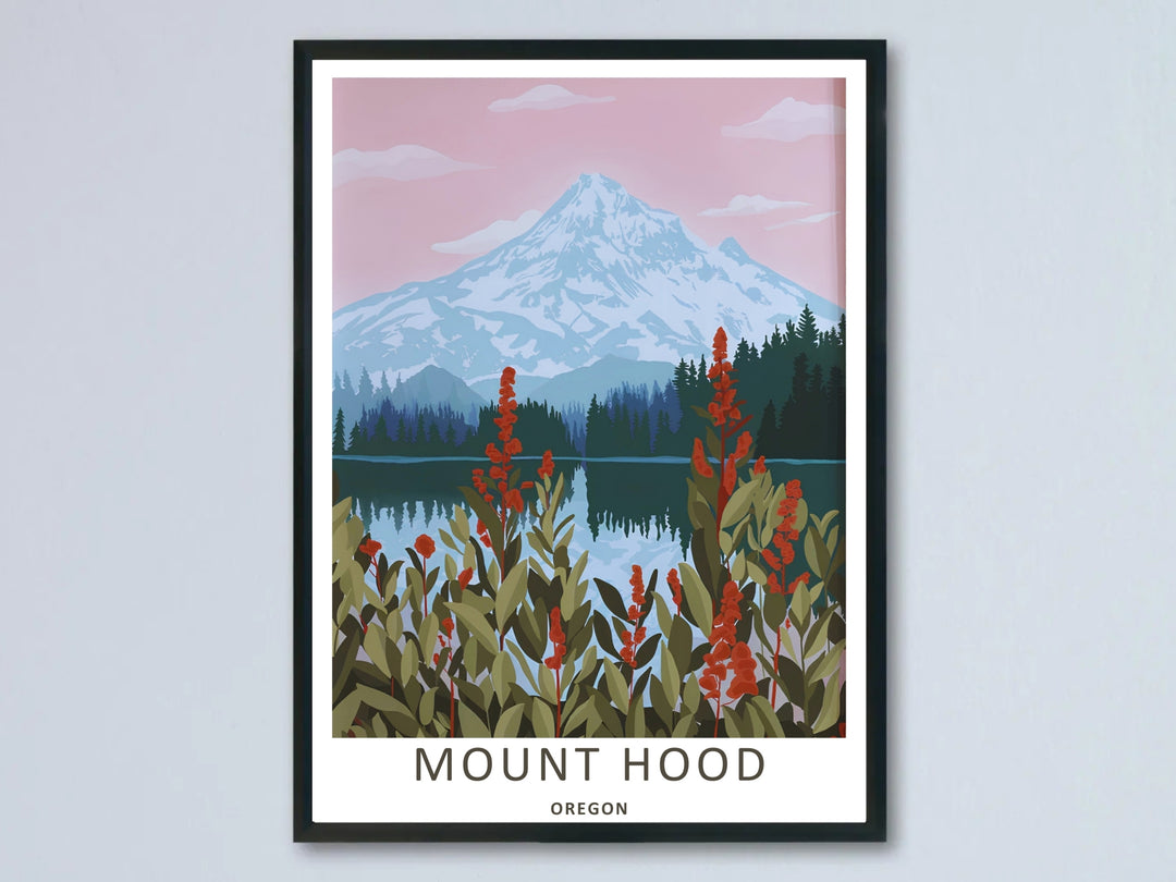 Soft pastel travel poster of Mount Hood with red wildflowers in the foreground, shown in a modern black frame hanging on a clean wall.