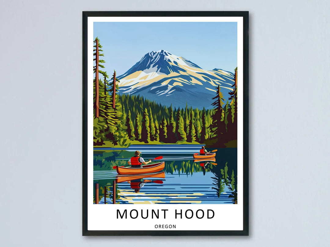Modern retro art print showing two orange canoes on an alpine lake with Mount Hood behind, displayed in a black frame against a neutral wall.