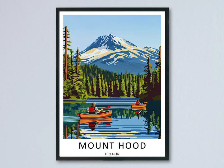Modern retro art print showing two orange canoes on an alpine lake with Mount Hood behind, displayed in a black frame against a neutral wall.