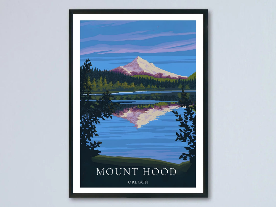 Mount Hood poster in a bold retro vector style with a snow-dusted peak reflecting in Trillium Lake, displayed in a sleek black frame against a neutral wall for a modern living room gallery.