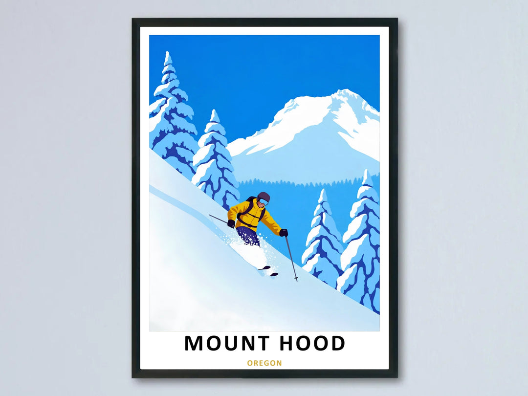 Modern retro winter travel poster of a skier in a yellow jacket carving down Mount Hood, shown in a modern black frame hanging on a clean wall.