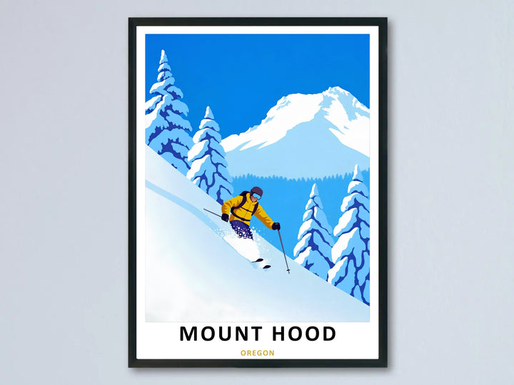 Modern retro winter travel poster of a skier in a yellow jacket carving down Mount Hood, shown in a modern black frame hanging on a clean wall.