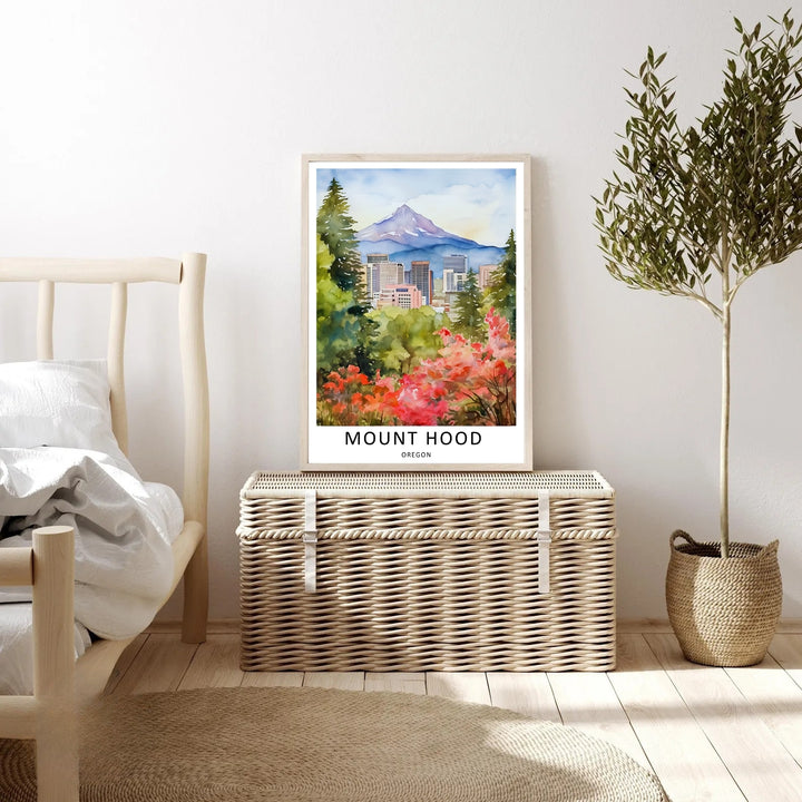 High-quality framed print of the Portland skyline with Mount Hood under a soft watercolor sky. Ready to hang gallery wrapped wall art for contemporary offices and living rooms.