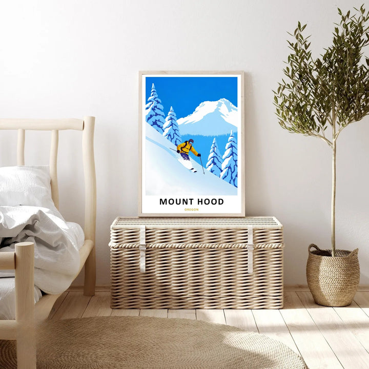 Premium matte paper art print depicting a classic Pacific Northwest ski run, using archival inks to keep the deep blues and whites vivid.