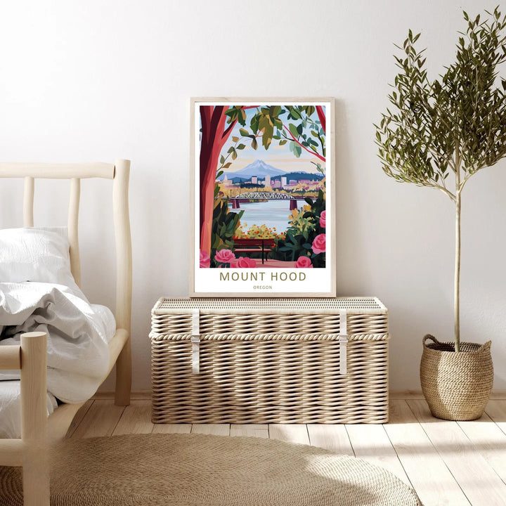 Framed Pacific Northwest travel poster showcasing a snow-capped volcano rising over a city riverfront, ideal for modern office wall decor.