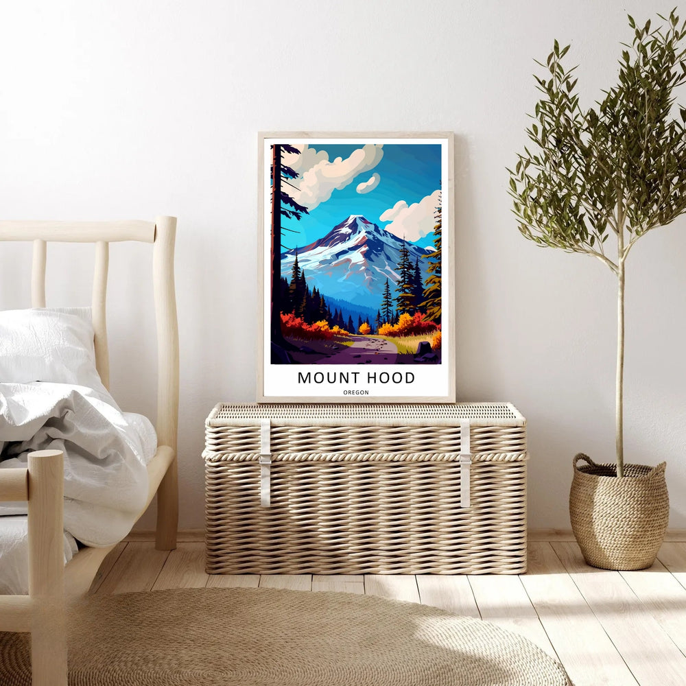 Modern Mount Hood poster available in framed, unframed, or canvas finishes, featuring clean typography reading Mount Hood Oregon across the bottom border.