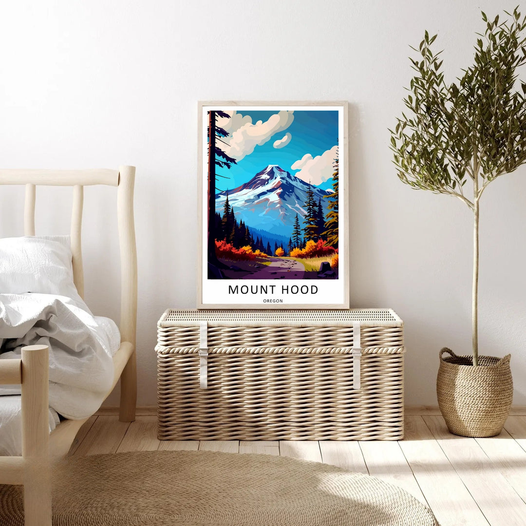 Modern Mount Hood poster available in framed, unframed, or canvas finishes, featuring clean typography reading Mount Hood Oregon across the bottom border.