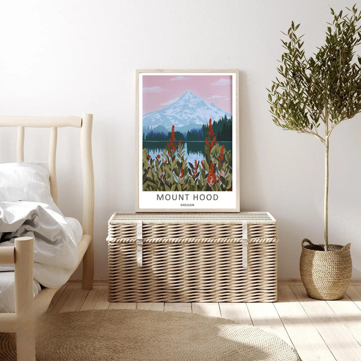 Framed mountain wall art showing Mount Hood under soft clouds, an ideal centerpiece for a minimalist bedroom or cozy living room.