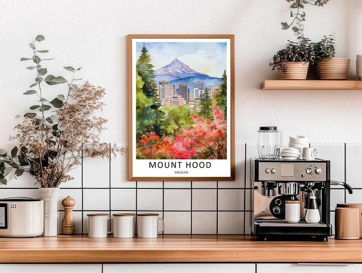 High-quality wooden print of the Portland skyline with Mount Hood under a soft watercolor sky. Ready to hang gallery wrapped wall art for contemporary offices and living rooms.