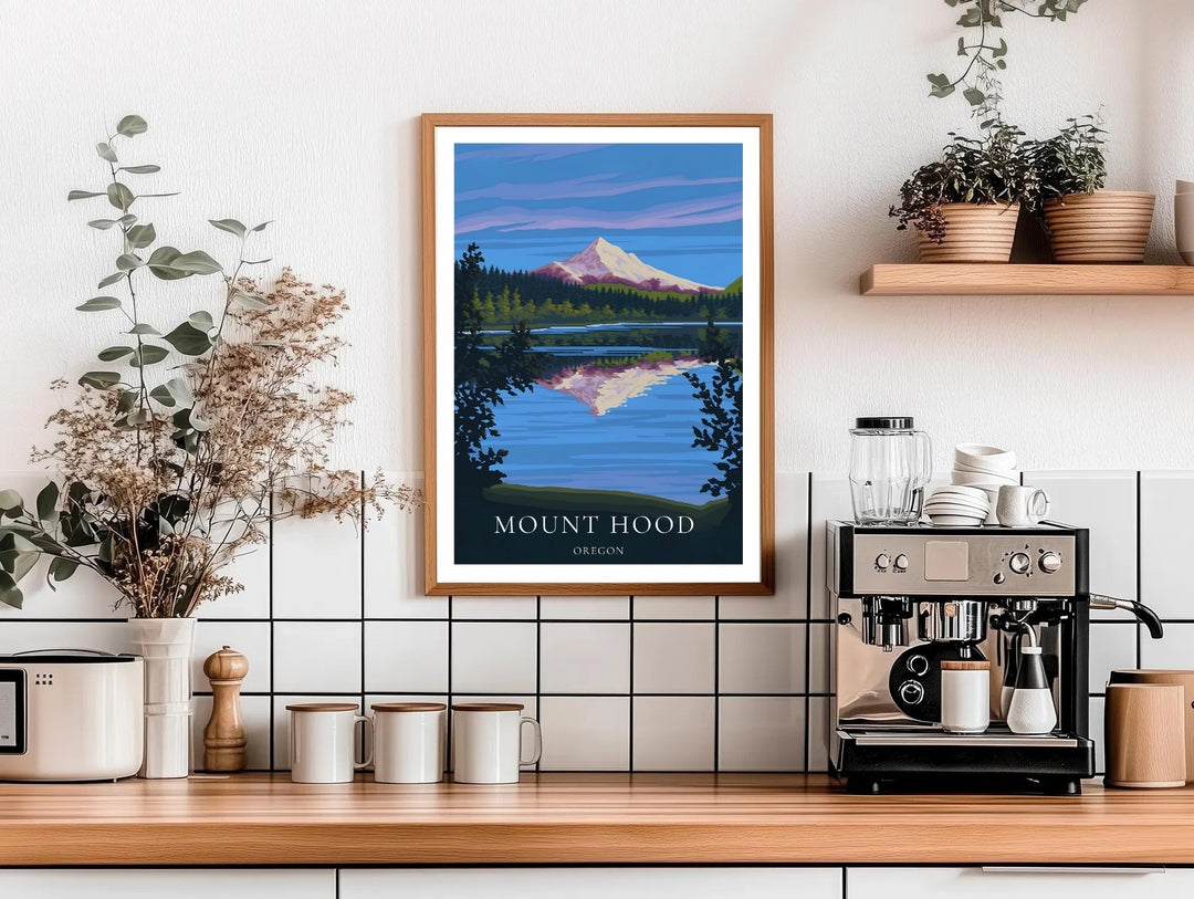 Detailed view of the graphic Oregon mountain wall art print showcased in a display frame. Crisp vector illustration lines and soothing wilderness colors make a sophisticated housewarming gift.