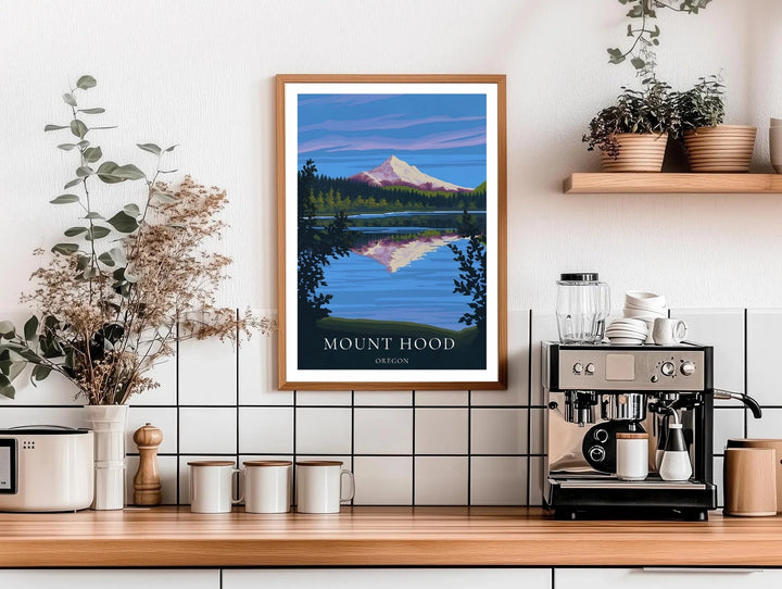 Detailed view of the graphic Oregon mountain wall art print showcased in a display frame. Crisp vector illustration lines and soothing wilderness colors make a sophisticated housewarming gift.