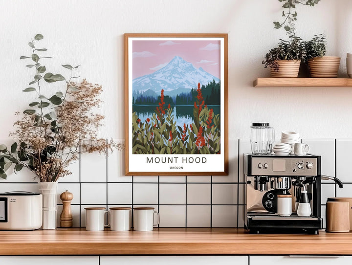 Crisp vector design of a mountain lakeside scene with botanical foreground details, styled perfectly on a light-colored gallery wall.