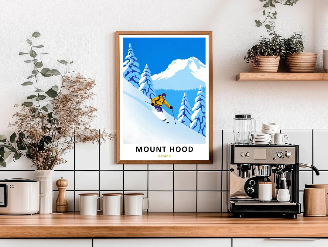 Crisp graphic design of a snowy mountain slope of mt hood with botanical evergreen details, styled beautifully on a light-colored gallery wall.
