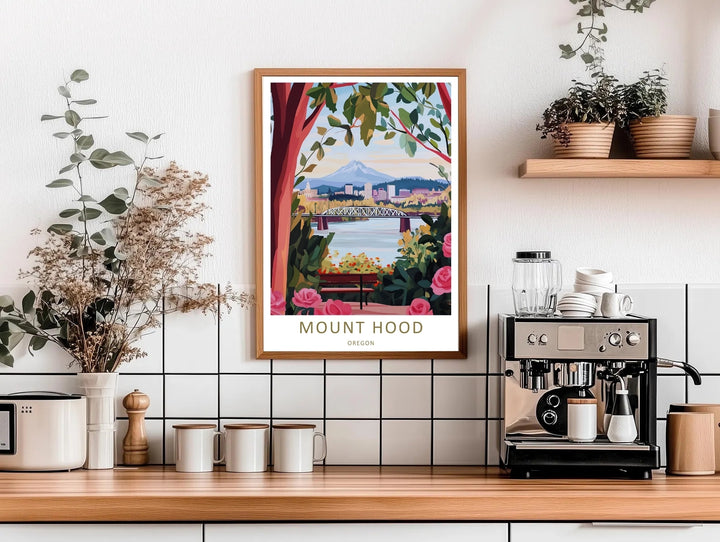 wooden framed print of an Oregon river landscape viewed from a park bench through a botanical archway, perfect for contemporary home styling.