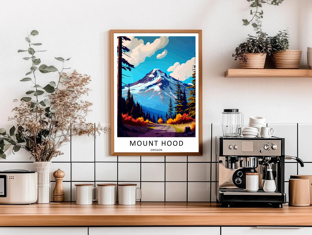 wood Framed Pacific Northwest travel poster showcasing a dramatic snow-streaked volcano and an autumnal hiking path, ideal for rustic office wall decor.