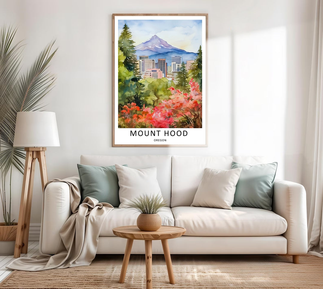 framed Oregon nature and city print showcasing detailed watercolor architecture and vibrant pink autumn foliage, printed on premium matte paper for custom home decor layouts.