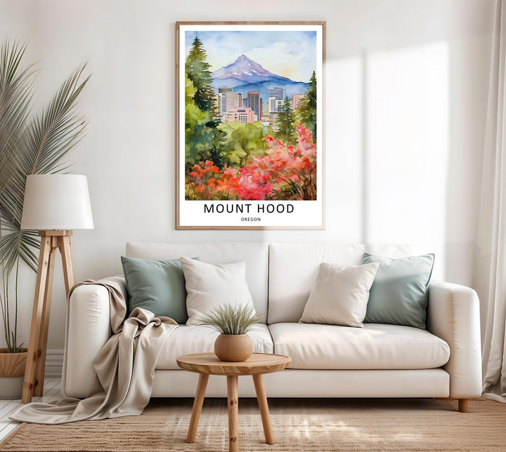 framed Oregon nature and city print showcasing detailed watercolor architecture and vibrant pink autumn foliage, printed on premium matte paper for custom home decor layouts.