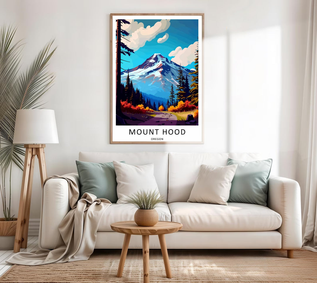 Minimalist yet vivid mountain trail art print with stylized cloud formations and rich forest textures, creating an adventurous focal point for entryways.