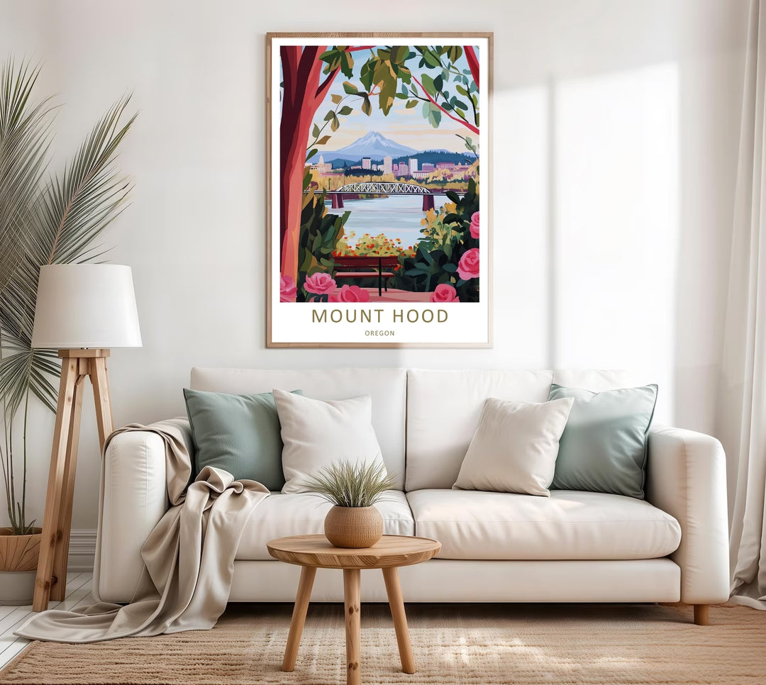 Close-up view of a graphic Oregon mountain poster inside a sleek display frame, highlighting the soft pastel sky and detailed city architecture.