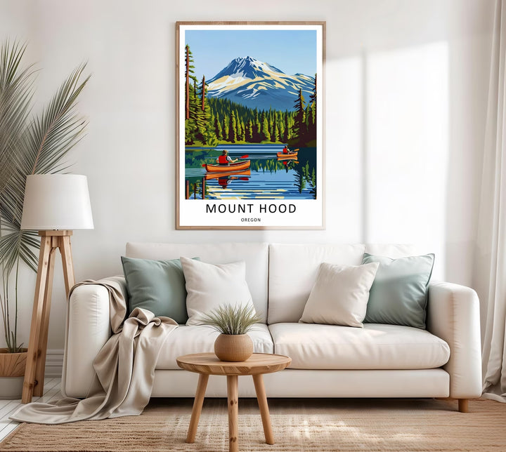 Contemporary Mt Hood poster available in multiple sizes, featuring bold typography reading Mount Hood Oregon across the bottom.