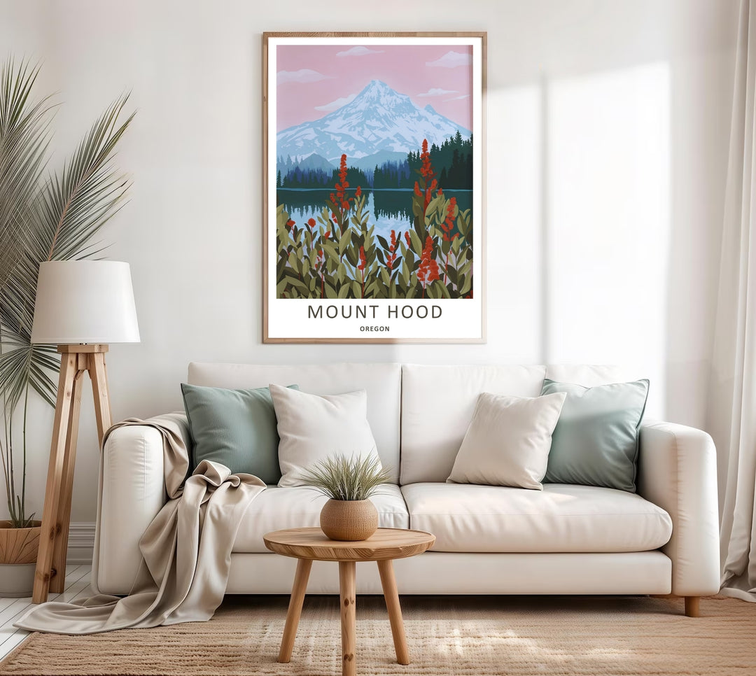Detailed close-up view of an illustrated Pacific Northwest poster, highlighting the crimson flower clusters and green leaf textures.
