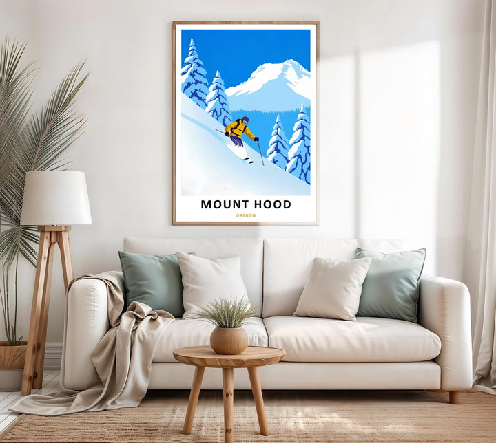 Framed ski wall art showing alpine slopes under a clear winter sky, making an ideal focal point for a game room or home office.