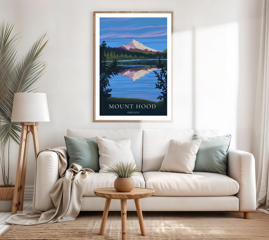 Framed Pacific Northwest travel poster highlighting the majestic twilight volcano and crisp pine forest borders. Sleek wood frame design adds a professional gallery finish to office spaces.