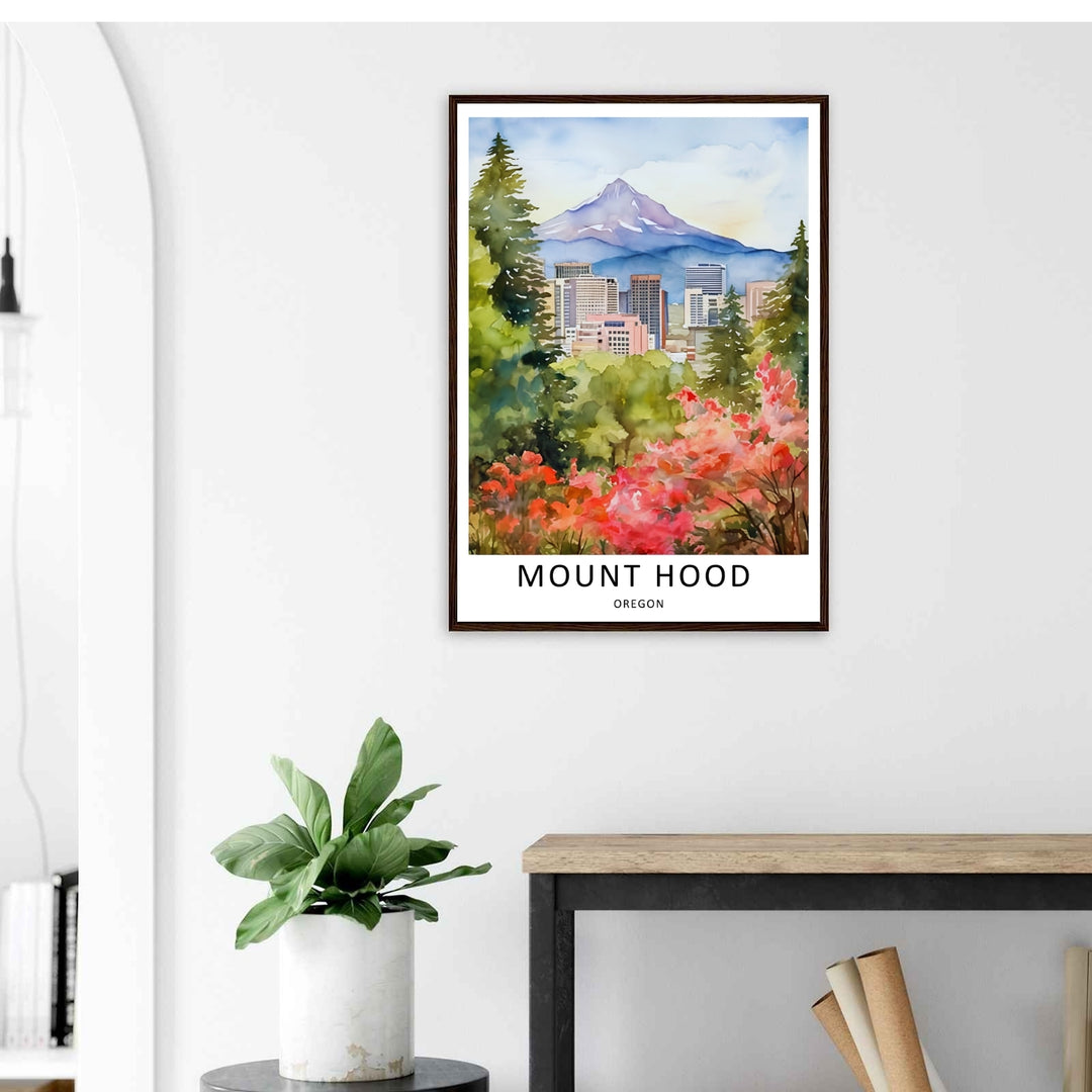 Detailed view of the Portland cityscape and mountain wall art print displayed in a black frame, featuring soothing wilderness and city watercolor textures for a contemporary home.