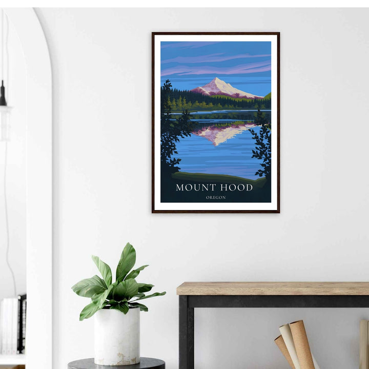 Minimalist yet striking Mount Hood landscape print. Stylized sky gradients and dark silhouette forest textures create a beautiful, calming focal point for modern bedrooms and entryways.
