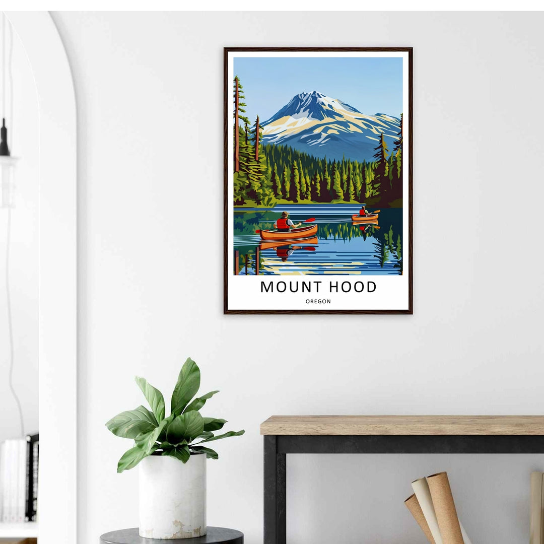 Crisp vector design of a Mt Hood lake scene with botanical pine details, styled beautifully on a clean gallery wall.
