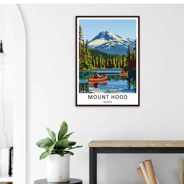 Crisp vector design of a Mt Hood lake scene with botanical pine details, styled beautifully on a clean gallery wall.