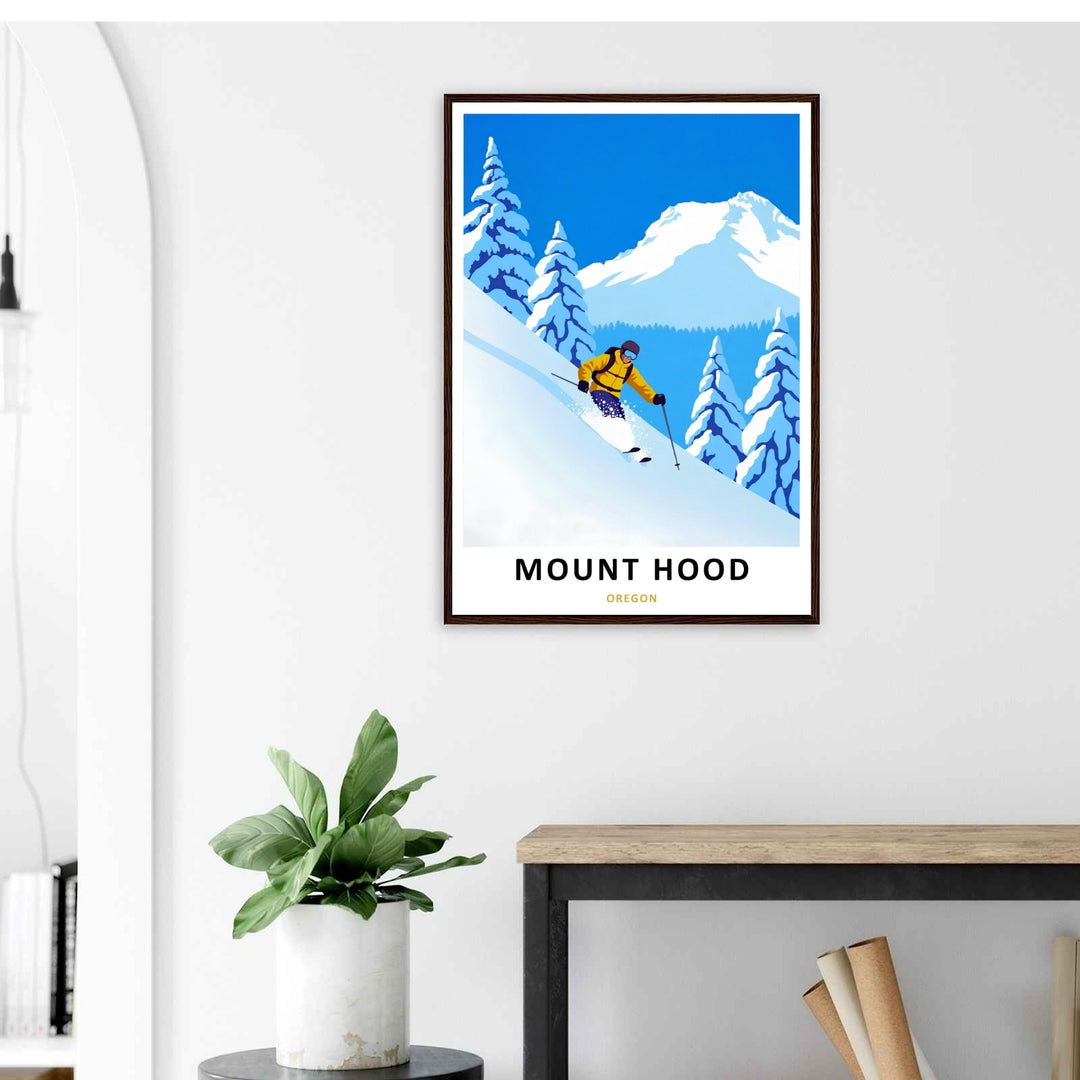 Contemporary Mount Hood winter poster available in multiple sizes, featuring bold typography reading Mount Hood Oregon across the white border.