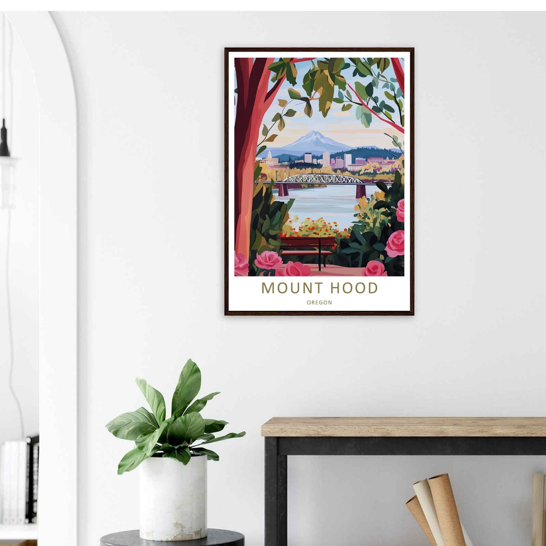 Illustrative mountain cityscape print with blooming pink flowers and rich forest textures, creating an elegant focal point for entryways.