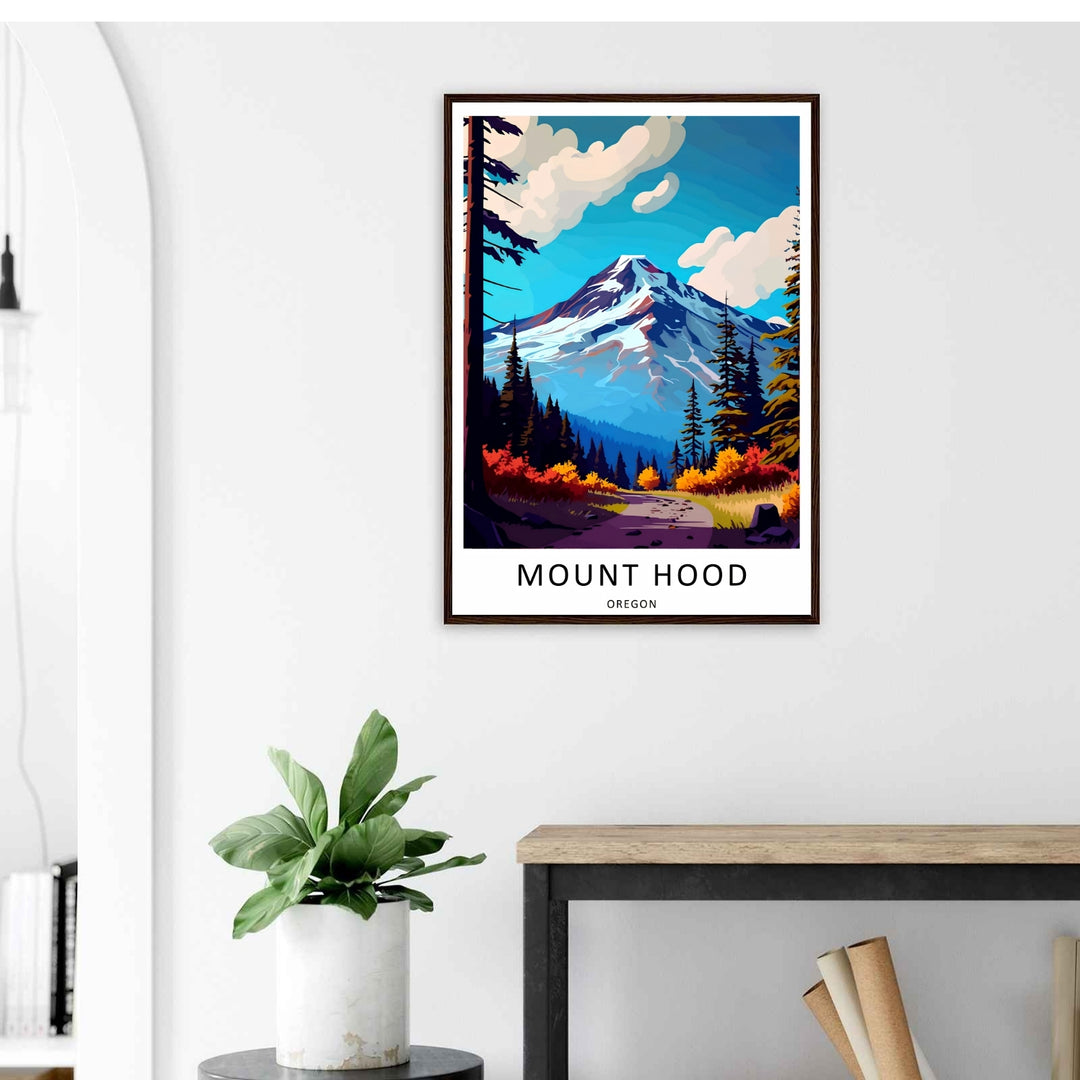 Detailed texture view of an framed graphic alpine trail print, highlighting crisp vector line details on premium heavyweight paper.