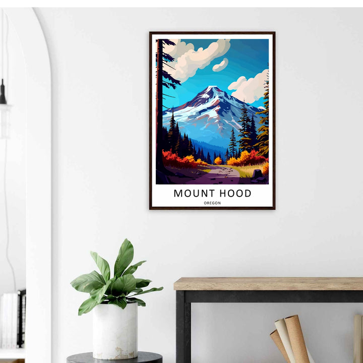 Detailed texture view of an framed graphic alpine trail print, highlighting crisp vector line details on premium heavyweight paper.