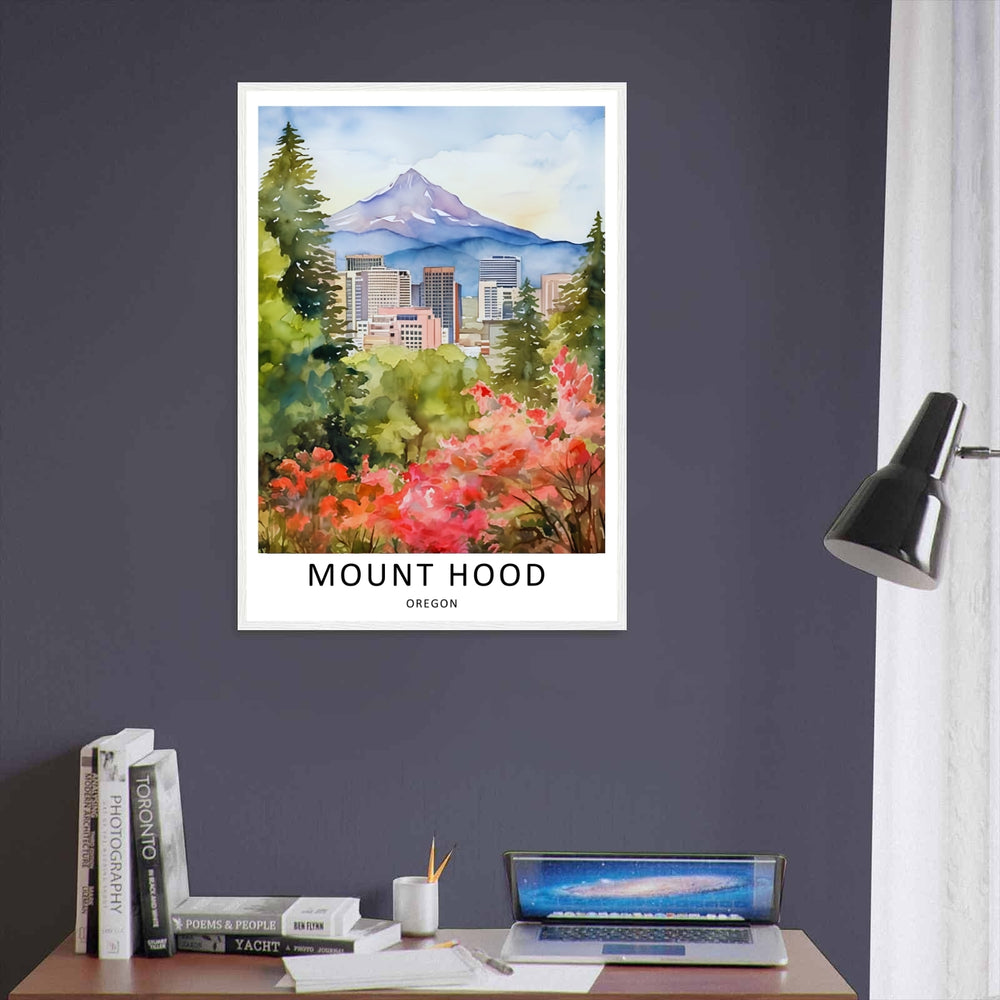 unFramed Portland travel poster highlighting the majestic snow-capped Mount Hood and downtown skyscrapers behind a dense green pine forest and vibrant red autumn leaves.